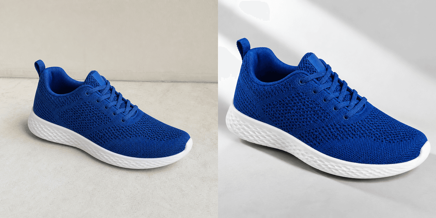 Before and after comparison of an unbranded blue running shoe, from a plain studio reference photo to a clean feature-highlight image.