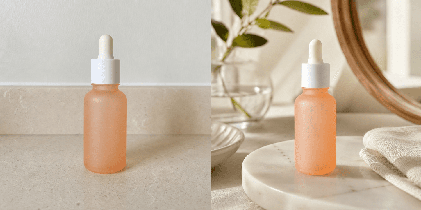 Before and after comparison of an unbranded peach serum bottle, from a plain counter reference photo to a sunlit travertine lifestyle scene.